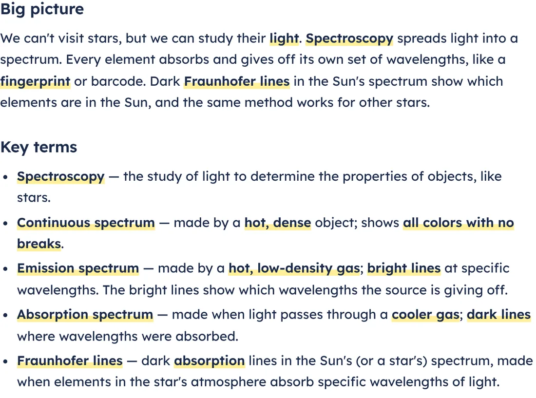 A study guide on spectroscopy with highlighted key terms and a table comparing three kinds of spectra