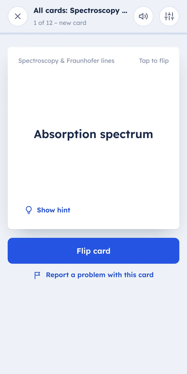 A flashcard that reads: Absorption spectrum