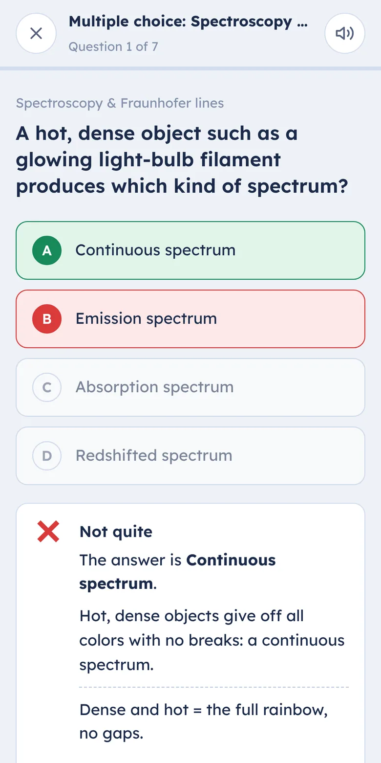 A missed quiz question on a phone, with the right answer and a second, simpler explanation