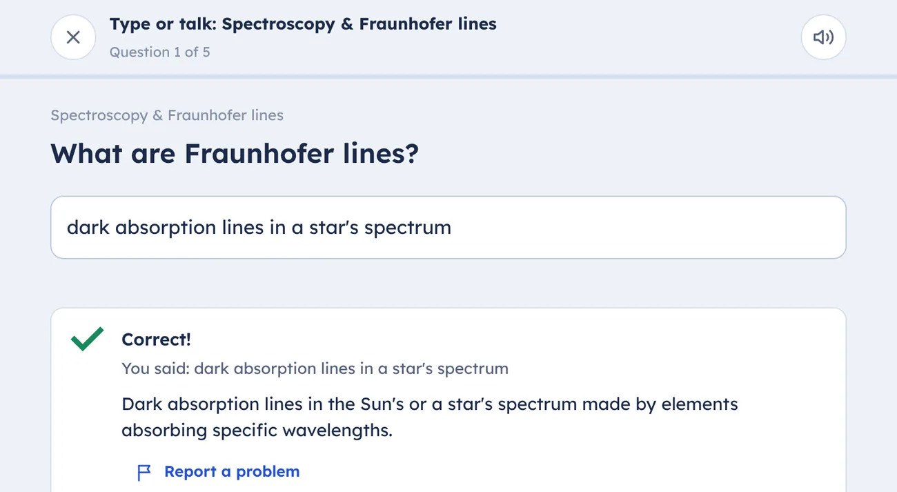 A short-answer question, What are Fraunhofer lines, with a typed answer marked correct